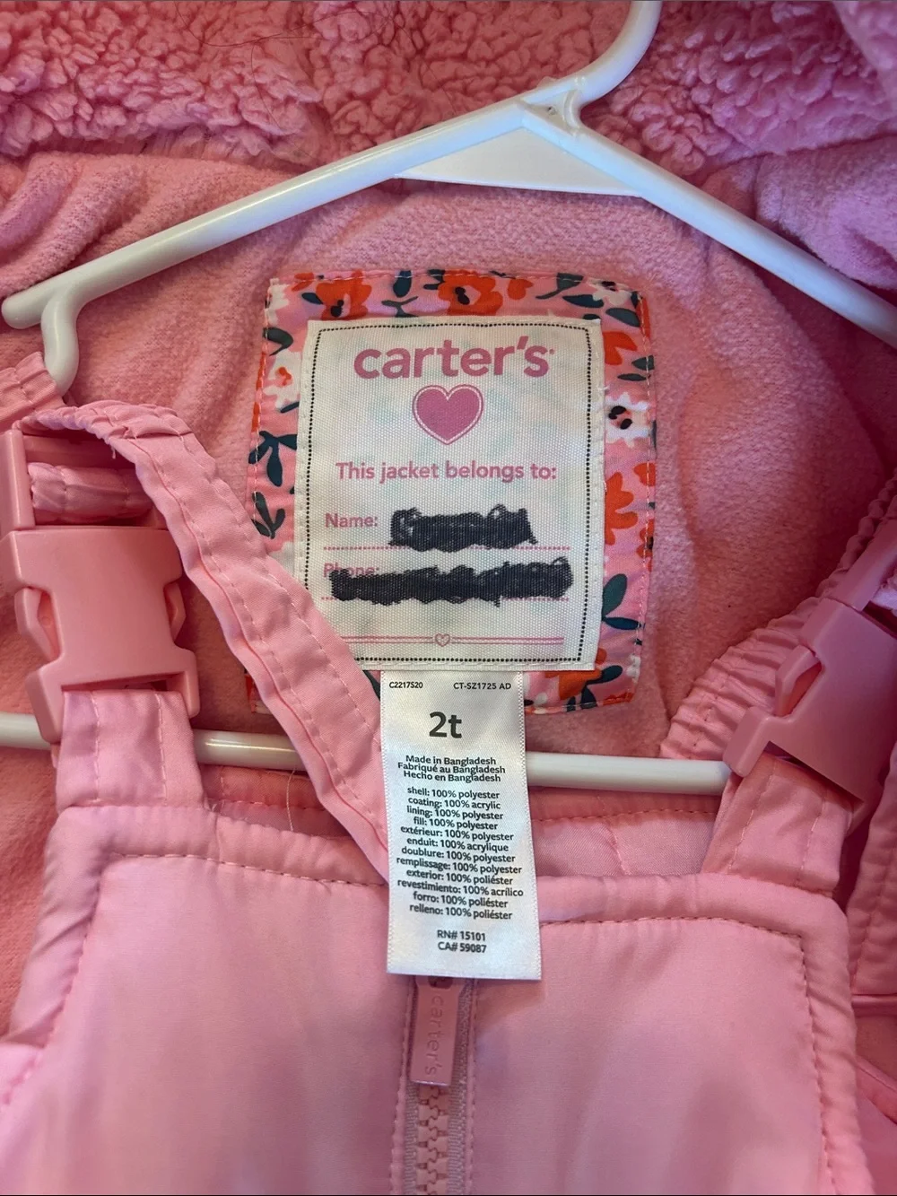 Carter's Pink Floral Hooded Puffer Jacket with Solid Pink Snow Pants